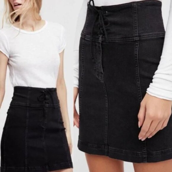 Free People Modern Femme Black Stretch Denim Corset Skirt - 6 - Picture 9 of 11